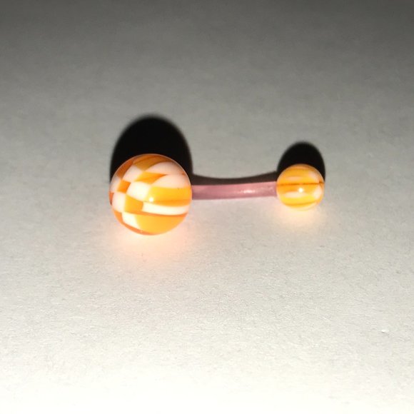 14 Gauge Orange and White Checkerboard Design Belly Ring - Picture 9 of 11